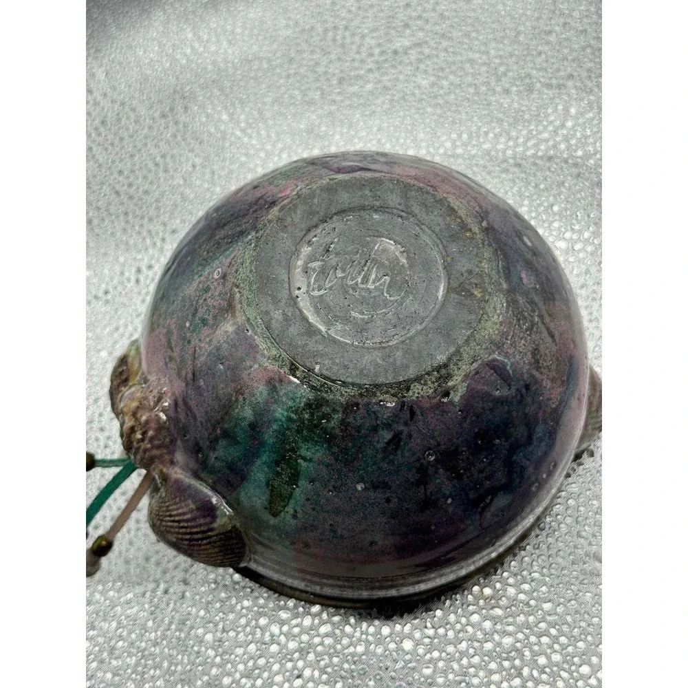 Signed Studio Pottery Bowl‎ Small Pink Purple Iridescent Shell Accents Boho